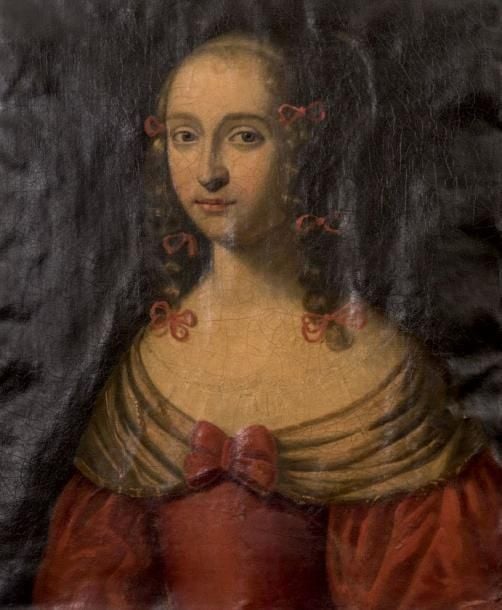 Portrait de jeune femme en buste à la robe et au noeud rouge