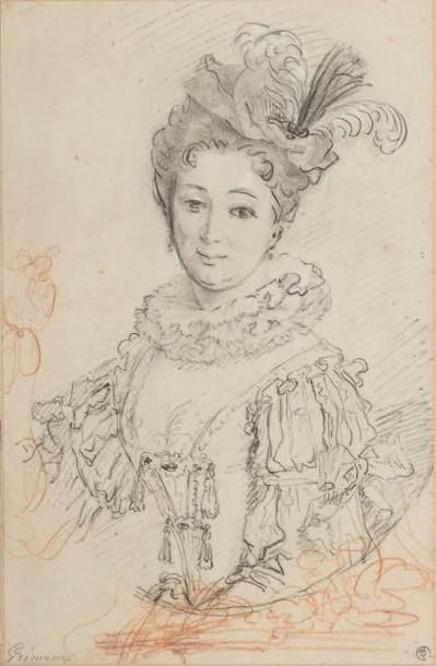 «Portrait de la Comtesse d'Olonne» Pierre noire et sanguine Cachet