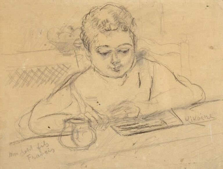 Portrait du petit fils de l'artiste Crayon, signée en bas à droite et dédicacée en bas à gauche «à mon petit Francis» À vue: 26 x 34 cm