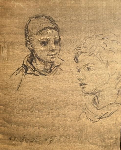 Portraits d'enfants en grisaille Huile sur toile Signée et datée en bas à gauche: 57 55 x 46 cm