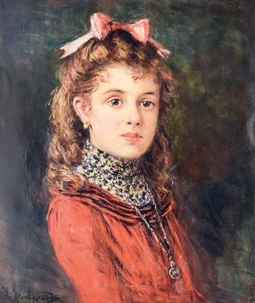 PORTRAITS DE JEUNES ENFANTS Deux huiles sur toiles formant pendants, signées en bas à gauche et en haut à gauche
