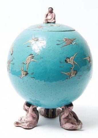 Pot avec couvercle en céramique de forme globulaire, rappelant un samovar, à la glaçure turquois