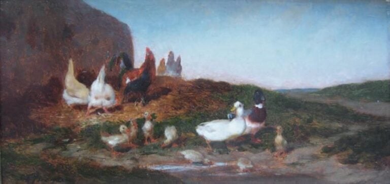 «POULES ET CANARDS» Huile sur panneau, signée en bas à gauche 11 x 23,5 cm