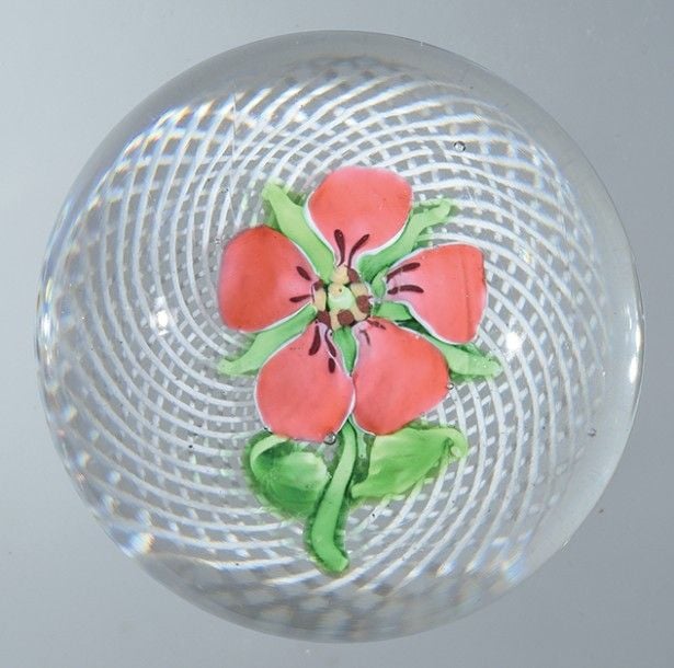 Presse-papiers à fond de latticino blanc spiralé orné d'un géranium rose à cinq pétales et cinq sépales verts sur une tige portant deux feuilles verte