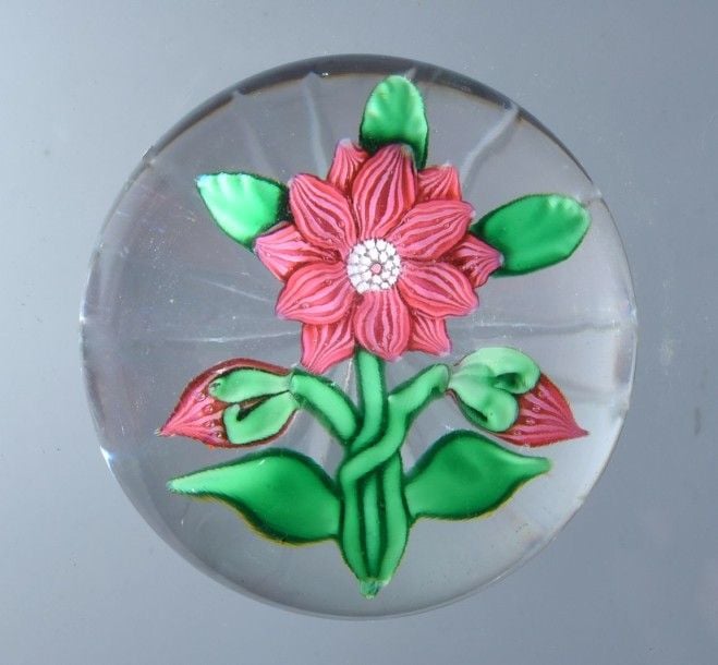 Presse-papiers orné d'une double clématite rose à deux rangs de six pétales striés, sur une tige verte portant cinq feuilles et deux boutons roses symétrique