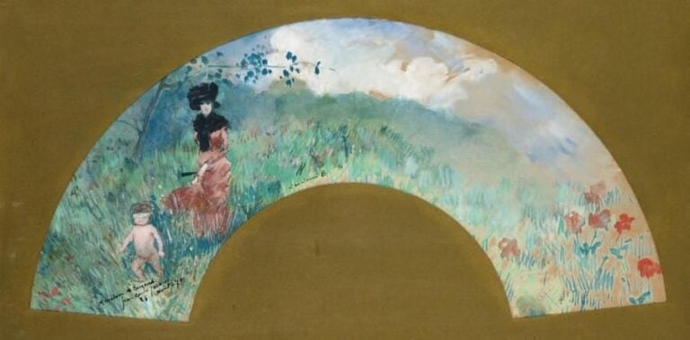 Projet d'éventail Aquarelle, signée en bas à droite Hau