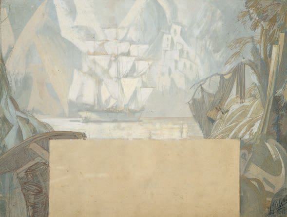 Projet de décor pour un salon «Caravelle aux Antilles», 1931 Gouache, signée et datée en bas à droite 27 x 35,5 cm (à vue)