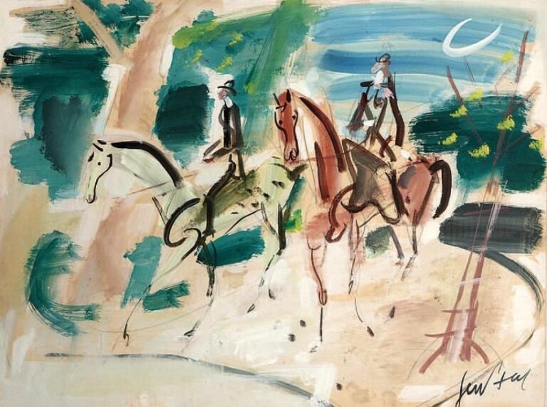 Promenade à cheval Gouache, signée en bas à droite 48 x 63 cm