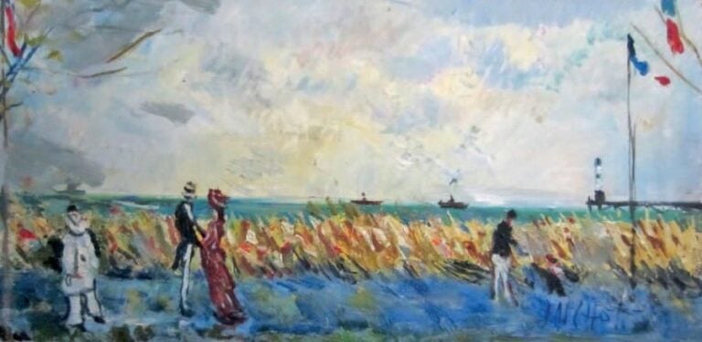 Promenade au bord de la mer Huile sur toile, signée en bas à droite 40 x 80 cm