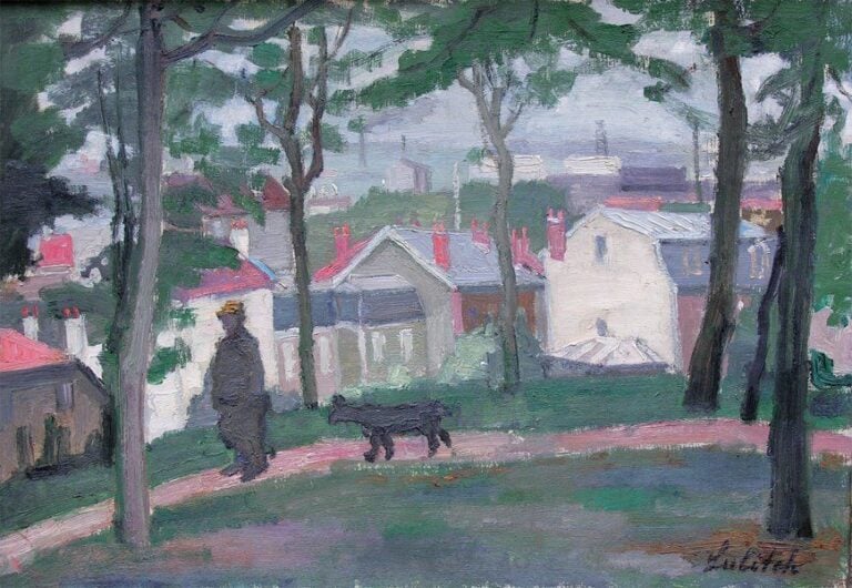 Promenade avec le chien Huile sur toile Signée en bas à droite 38 x 55 cm