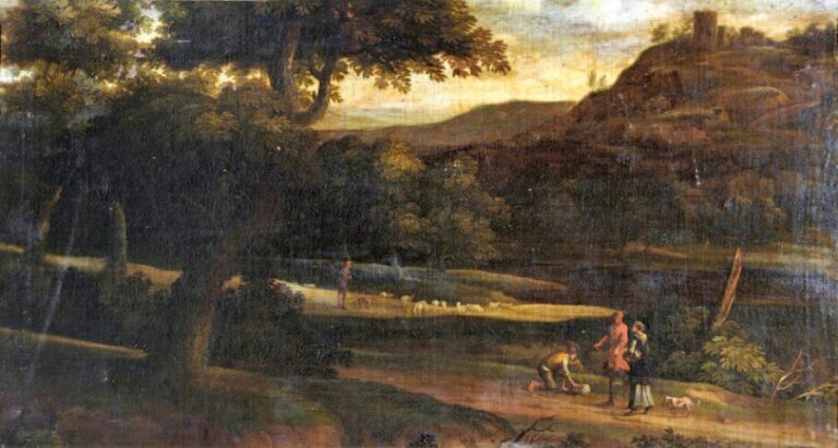 « Promeneurs sur un chemin boisé » Huile sur toile 35,5 x 100 cm