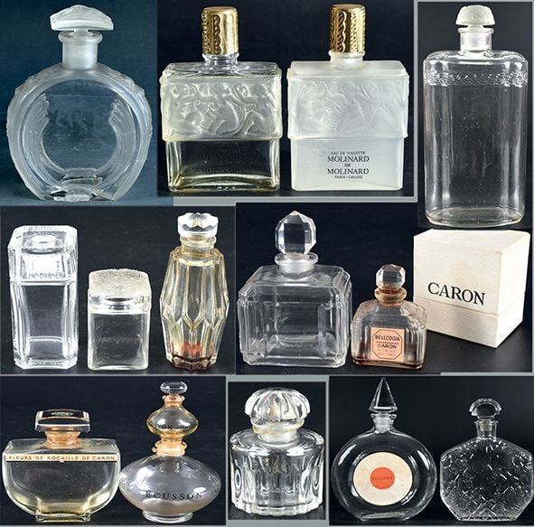 Quatorze flacons à parfum et une boîte