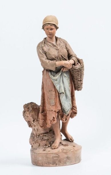 «Ramasseuse de coquillages» Grande terre cuite en partie colorée signée sur la terrasse «Graillon Fx» et datée 1876, située sur la base par cachet «Dieppe» Hau
