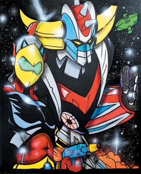 Ramzi Adek Actarus «Mon destin est-il de ne jamais cesser de me battre ?» - 2012 Technique mixte 100 x 81 cm Ramzi Adek Grendizer France 2011