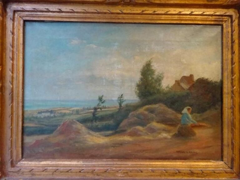 Raoul François LARCHE (1860-1912) « Vanneuse » Huile sur toile Signée en bas à droite Titrée et datée au dos sur le châssis et sur une étiquette : « 199 » 38 x 55 cm