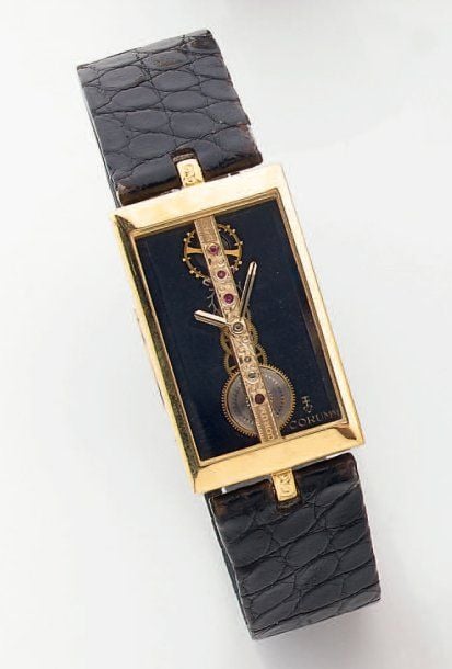 Rare BRACELET MONTRE « squelette » rectangulaire en or jaune, modèle « Golden Bridge