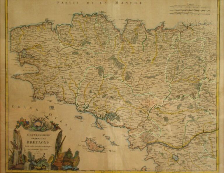 RARE CARTE DE BRETAGNE XVIIIe SIÈCLE "Gouvernement général de Bretagne par le sieur ROBERT géographe du Roy" 175