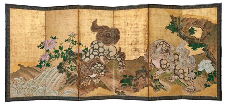 Rare ensemble de deux paravents (byobu) à six panneaux décorés d'une peinture anonyme de style Kano polychrome sur feuille d'o