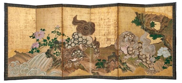 Rare ensemble de deux paravents (byobu) à six panneaux décorés d'une peinture anonyme de style Kano polychrome sur feuille d'o