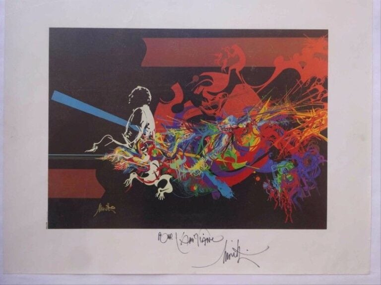 Raymond MORETTI (1931-2005) Jazzman Offset Dédicacé et signé en bas au centre Dans son encadrement et sou verre Dimensions (oeuvre): 36 x 50 cm