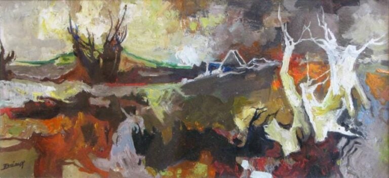 Raymond PRÉAUX (1916-1997) 	 Paysage Huile sur carton Signée en bas à gauche 14,5 x 32 cm