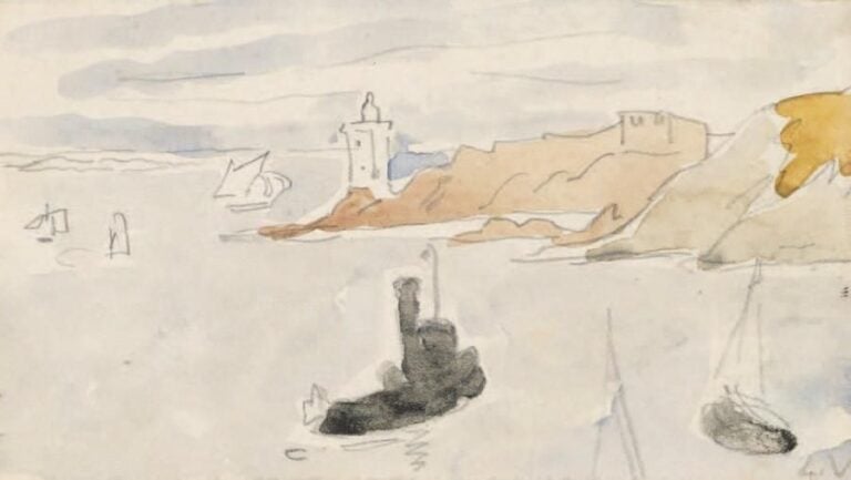 Remorqueur et barques près d'un phare Aquarelle et mine de plomb Signée en bas à droite du cachet du monogramme 9,5 x 16,5 cm