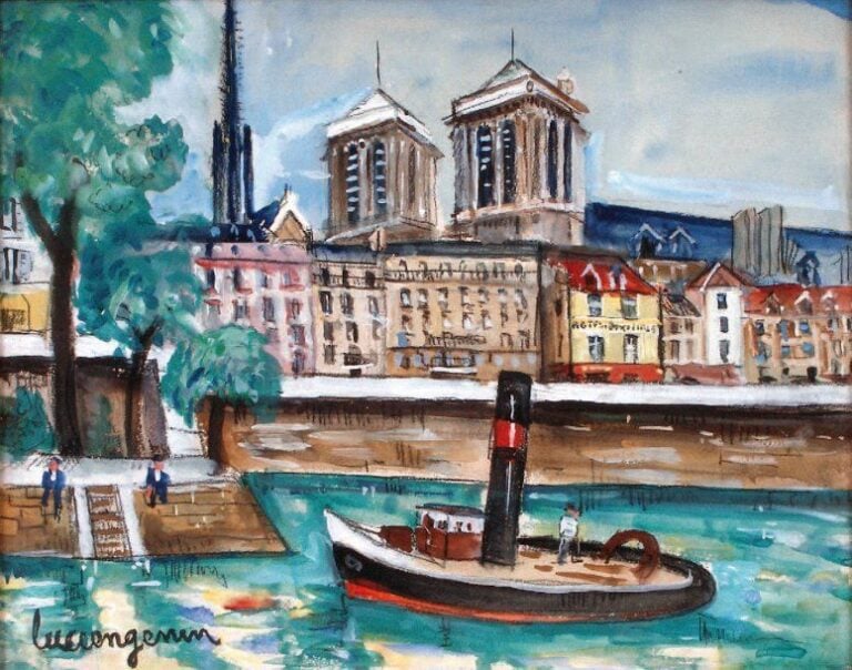 Remorqueurs sur la Seine Gouache, signée en bas à gauche 32 x 40 cm