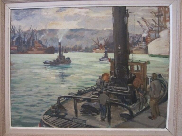 «Remorqueurs sur la Seine» Huile sur isorel 49 x 63 cm
