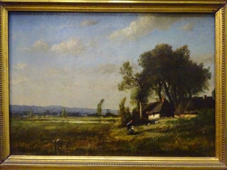 René TENER (1846-1925) Cour de ferme animée Huile sur toile Signée en bas à droite 38,5 x 56 cm (ancienne restauration)