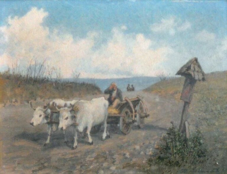 Retour des champs Huile sur carton Signée en bas à droite 25,5 x 35,5 cm