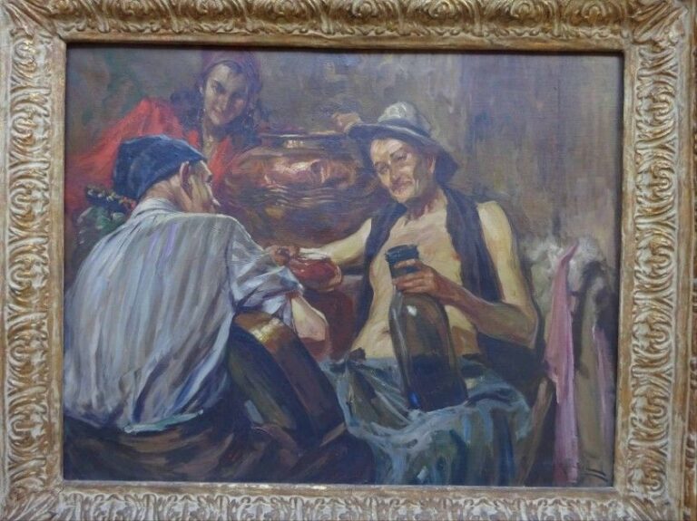 Richard DURANDO TOGO (1910-?) Scène de tarverne animée Huile sur toile Signée en bas à droite Dans son cadre en papier mâché 73 x 92 cm