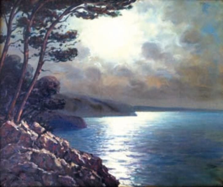 Rivage au clair de lune Huile sur toile Signée en bas à gauche 46 x 55 cm Au dos, porte une étiquette «Exposition Bordeaux Chabanian»