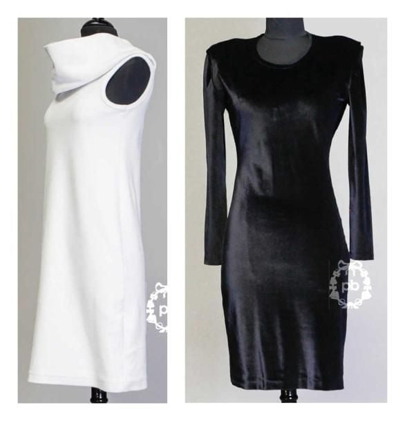 ROBE à encolure bénitier en sweater velours blanc d'un côté, chiné gris de l'autre (env TS/M