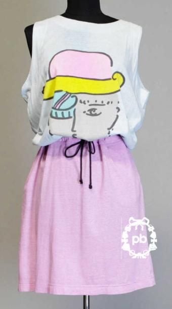 ROBE T-SHIRT "Mister No" en jersey de coton imprimé chinée bleu glacier et lilas, taille basse coulissée par un lien (env TM)