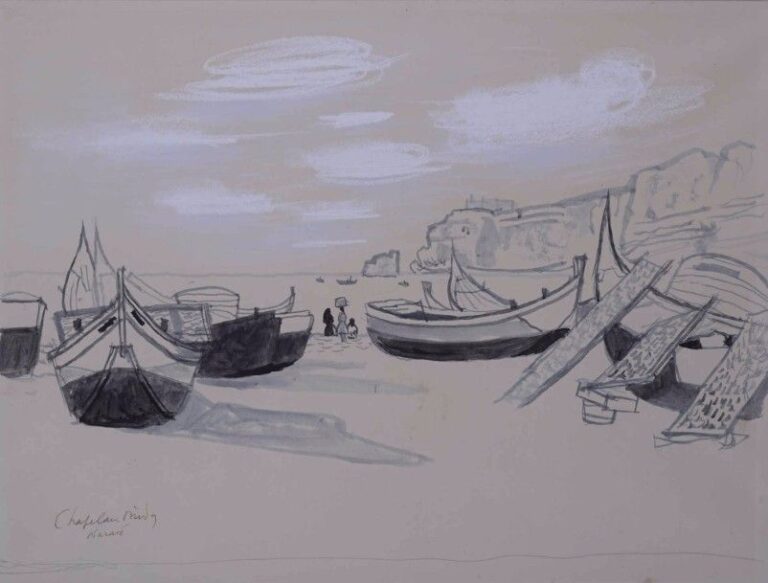 Roger CHAPELAIN-MIDY (1904-1992) Vue de la plage de Nazaré au Portugal Encre et craie blanche sur papier Signée et située en bas à droite Dans son encadrement et sous verre 48 x 63,5 cm (à vue