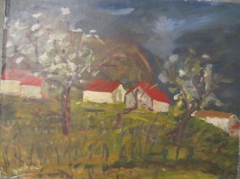 Roland DUBUC (1924-1998)« Maisons dans la campagne »Huile sur isorel, signée en bas à gauche45 x 58 cm