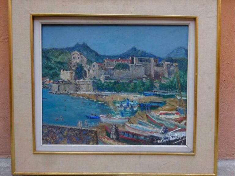 Roland POTTIER (Actif XXe siècle) « Le port de Collioure » Huile sur toile Signée en bas à droite Contresignée au revers de la toile Titrée sur une étiquette au revers du cadre 46 x 55 cm