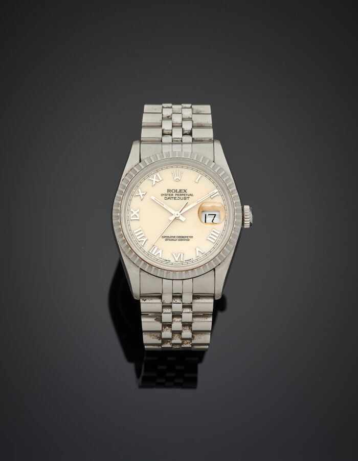 ROLEX - BRACELET MONTRE ronde en acier, modèle "Oyster Perpetual Datejust". Lun…