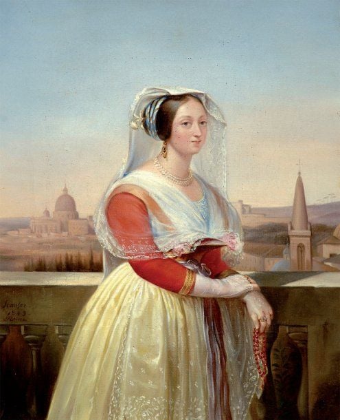« Romaine sur la terrasse » Huile sur toile, signée au milieu à gauche, datée 1843 située Roma