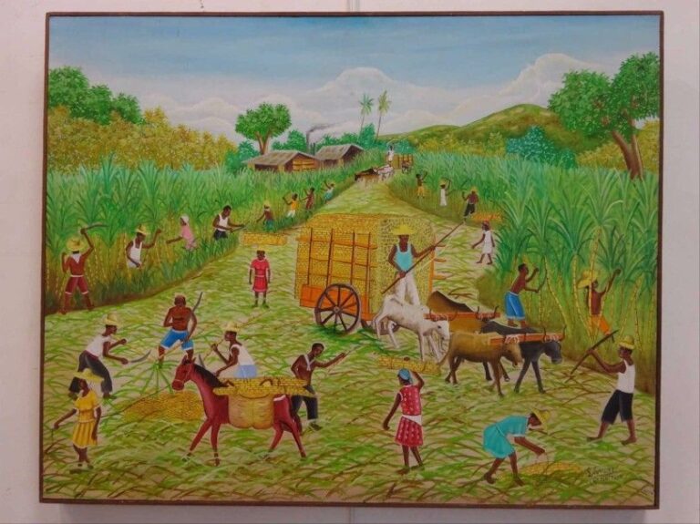 Rony LEONIDAS (1946-) La récole de la canne à sucre au Cap Haïtien Huile sur isorel Signée et située en bas à droite 60,5 x 76 cm