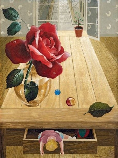 Rose dans un intérieur, 1951 Huile sur isorel, signée en bas à droite, contresignée au dos et datée 35 x 26,5 cm