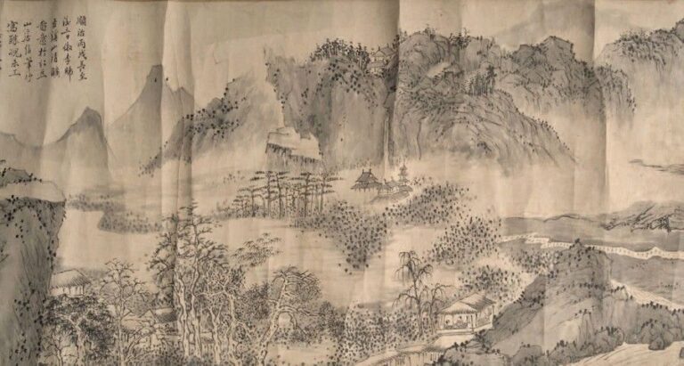 Rouleau à l'encre de chine sur papier représentant un paysage lacustre, signé Wu Wei Y