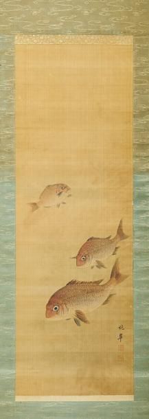 Rouleau kakejiku avec une peinture figurant trois poissons tai (sorte de dorade japonaise