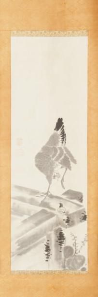 Rouleau (kakemono) monochrome figurant un coq et un escargo