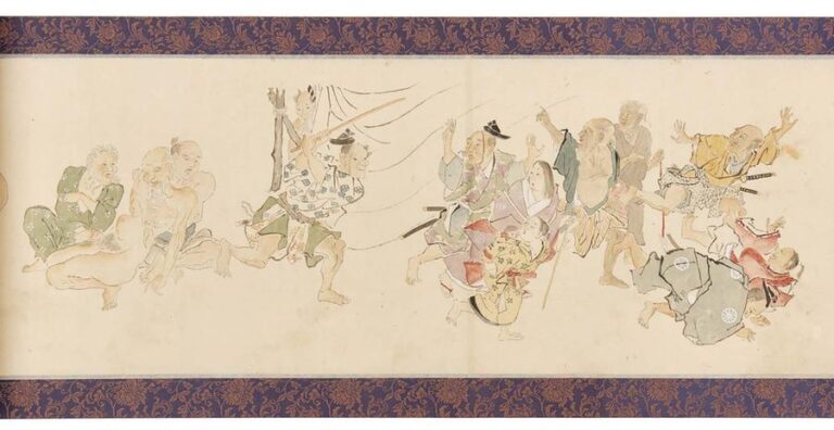 Rouleau makimono (destiné à être déroulé à la main) figurant une peinture continue et polychrome de style érotique (shunga) figurant des personnages de la période Heian et Edo, en majorité des hommes affairés sur leurs organes sexuel