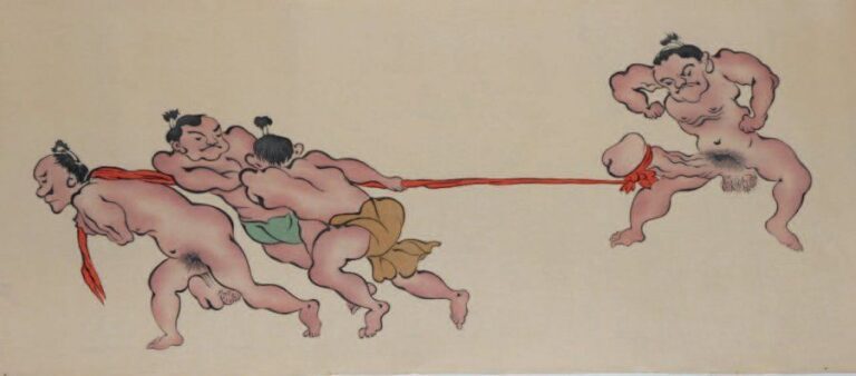 Rouleau Makimono shunga peint sur soie avec illustrations de groupes d'homme