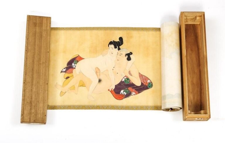 Rouleau peint (makimono) figurant douze peintures représentant des scènes érotiques shung