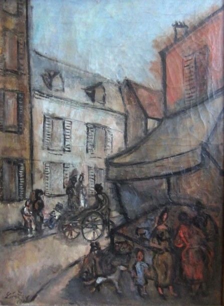 Rue animée, 1927 Huile sur toile, signée et datée en bas à gauche 82 x 60 cm Légères écaillures