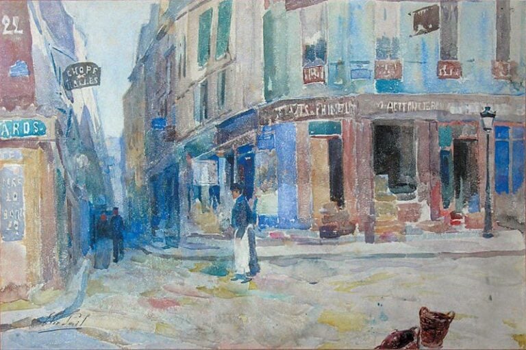 Rue des commerçants Aquarelle sur papier Signée en bas à gauche 28 x 45 c