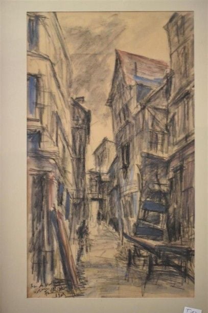 Rue du Halage, Rouen, 1929 Fusain et rehauts d'aquarelle Signé, situé, daté en bas à gauche 41 x 24 cm